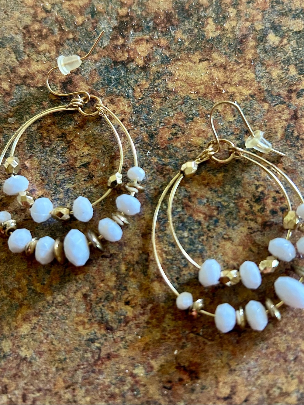 Gold Hoop Earrings with White Beads - Women's Jewelry